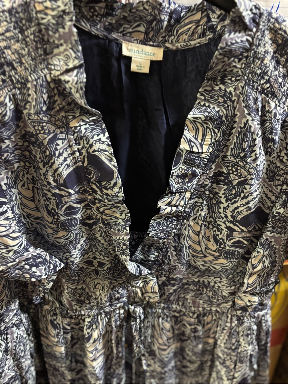 Sundance large v neck ruffle blue white paisley midi dress nautical beachy lined - Picture 2 of 8